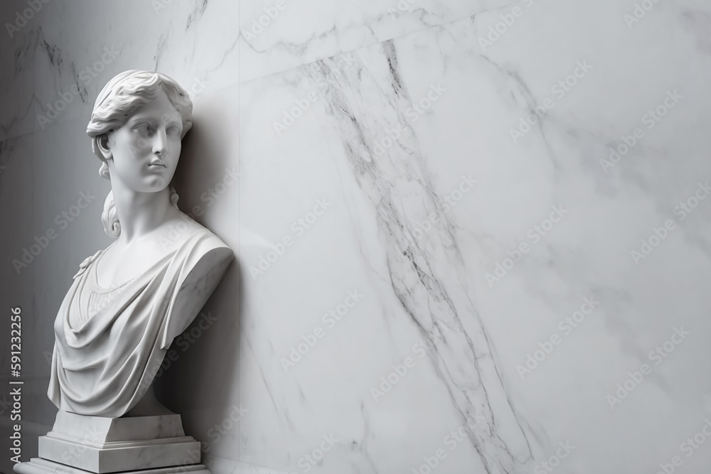 Wall mural Ancient marble statue of a young woman near empty wall. Greek sculpture with copy space for text. Antique female sculpture, bust, plaster sculpture. AI generated image.