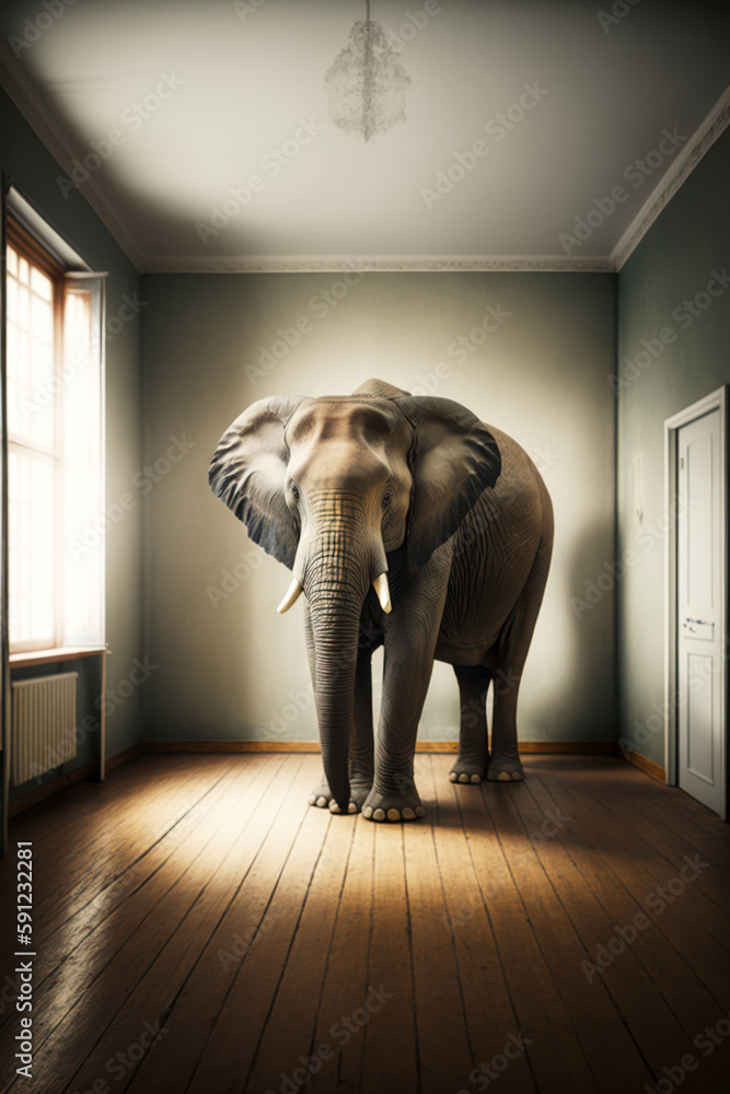 Poster elephant standing in empty room with light coming through the window. generative ai.