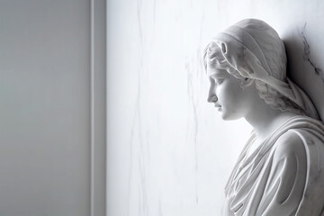 Ancient marble statue of a young woman near empty wall. Greek sculpture with copy space for text. Antique female sculpture, bust, plaster sculpture. AI generated image.