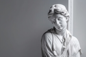 Ancient marble statue of a young woman near empty wall. Greek sculpture with copy space for text. Antique female sculpture, bust, plaster sculpture. AI generated image.