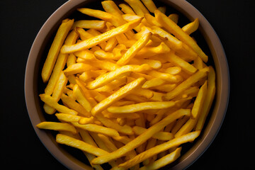 Bowl filled with yellow french fries on top of black counter top. Generative AI.