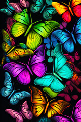 Bunch of colorful butterflies on black background with black background and red, yellow, green, blue, and pink butterflies. Generative AI.