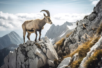 An alpine ibex braves a steep incline. Generative AI - obrazy, fototapety, plakaty