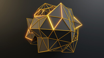 3d render geometric black abstract background with gold wireframe