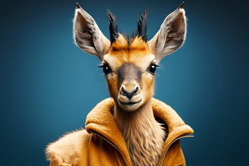 Close up of llama wearing jacket and looking at the camera. Generative AI.