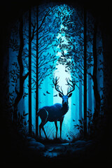 Image of deer standing in the middle of forest at night. Generative AI.