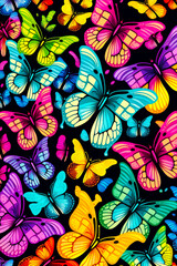 Bunch of colorful butterflies on black background with white outline in the middle of the image. Generative AI.