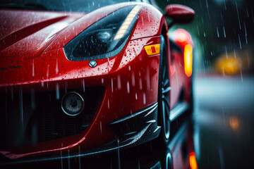 Obraz na płótnie Canvas Close up of red sports car on wet road in the rain. Generative AI.
