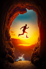 Man is jumping out of cave into river as the sun sets. Generative AI.