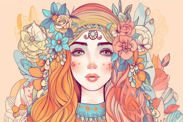 Boho Ornament Front Female with beautiful face and Flowers. Generative AI