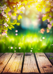 Wooden table with blurry background of grass and flowers in the foreground. Generative AI.