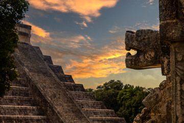 Enjoying the pyramid of Chichen itza from the platform of eagles and jaguars with the god Kukulcan,...