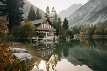 Obraz premium Modern cabin house at lake with scenic view. Generative AI