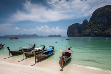 Fototapeta na wymiar Tropical thailand island beach with longtail boats. Generative AI