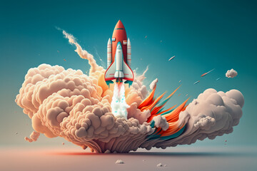 Rising rocket breaking through clouds, symbolizing business success and progress, ascending to new heights in a blue sky. Generative AI. - obrazy, fototapety, plakaty