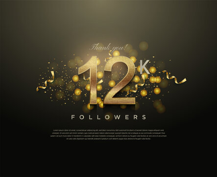 celebration 12k followers vector with golden curved ribbon decoration.