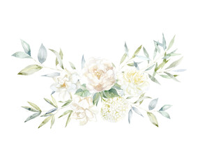 Fototapeta premium Watercolor Bouquet with white Flowers and green Branches. Peony, Gardenia and Hydrangea.