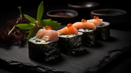 sushi on a black plate