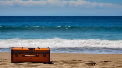 An empty sandy beach for copy space with a beach suitcase with holiday objects. Generative AI