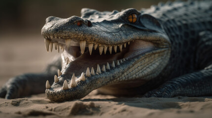 Obraz premium A generative AI crocodile, resembling a tyrannosaurus, unleashes a fierce roar