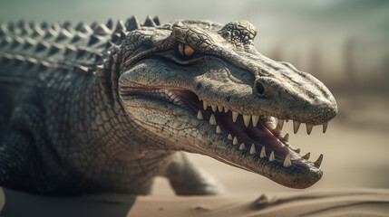 Obraz premium A generative AI crocodile, resembling a tyrannosaurus, unleashes a fierce roar