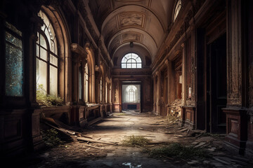 Haunting view of a deserted abandoned ruins. The beauty of decay and passage of time. Generative AI