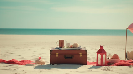An empty sandy beach for copy space with a beach suitcase and holiday objects. Generative AI