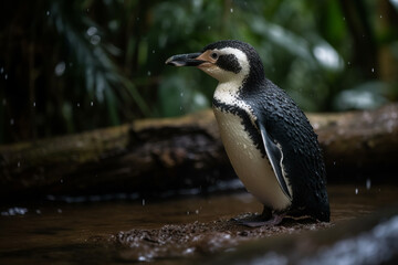 A penguin in an unexpected habitat the Amazon rainforest. Generative AI