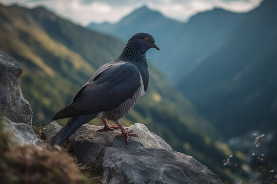 A pigeon stands majestically in the midst of stunning mountain scenery. Generative AI