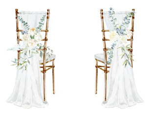 Wedding Chair with white Flowers Bouquet. Watercolor Illustration. - 591235610