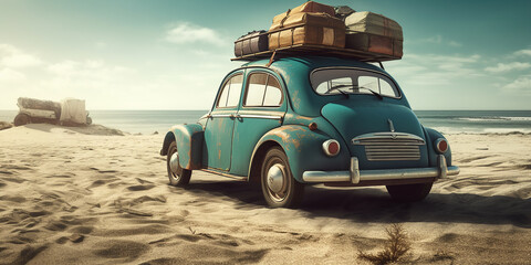 A generative AI illustration of an old car on a beach with luggage, featuring tropical symbolism