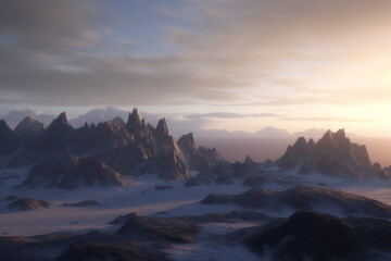 Obraz na płótnie Canvas Majestic mountain peaks at foggy sunrise. Generative AI
