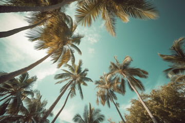 Fototapeta na wymiar Vintage view of blue sky and palm trees from below, creating a tropical summer vibe. Generative AI