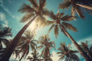 Vintage view of blue sky and palm trees from below, creating a tropical summer vibe. Generative AI