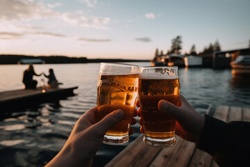 Cheers with beer at the lake. Generative AI