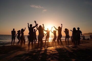 Fototapeta premium Group of friends having a fun summer beach party, jumping and enjoying the sunny day. Generative AI