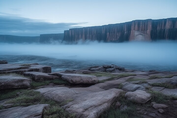 Foggy sunrise at mountain plateau. Generative AI