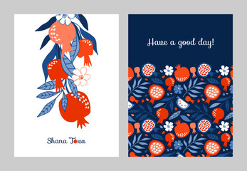 A set of cards with bright pomegranates. Vector digital illustration.