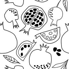 Seamless vector pattern with black and white pomegranates. Doodle fruits. Texture for textile, paper, wallpaper. Coloring book for children.