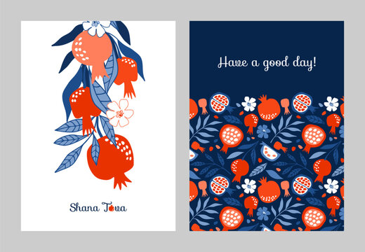 A set of cards with bright pomegranates. Vector digital illustration.
