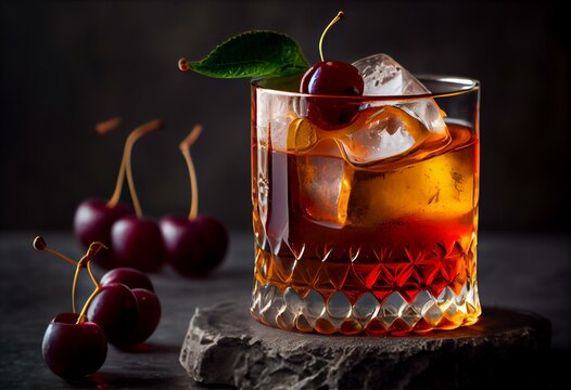 Traditional Manhattan cocktail with cherry on gray stone. Copy space. Generative AI