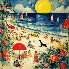 Vacation sea sunny beach people rest and sailboats