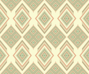 Ethnic folk geometric seamless pattern in orange and green tone in vector illustration design for fabric, mat, carpet, scarf, wrapping paper, tile and more