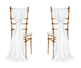 Set with Wedding Chairs and transparent Fabric. Watercolor Illustration.