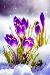 Bunch of purple flowers sitting on top of pile of snow covered ground. Generative AI.