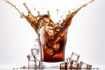 Glass of cola with ice cubes and splashing water on it. Generative AI. - obrazy, fototapety, plakaty