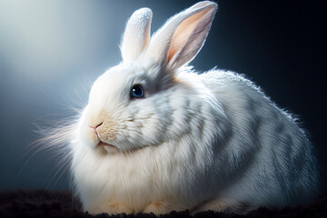 Close up of white rabbit on black background with blurry background. Generative AI.
