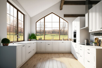 Kitchen with large window and wooden floor in front of it. Generative AI.