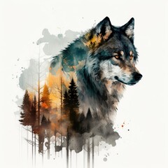 A striking wolf gazes out from a misty watercolor forest Generative Ai
