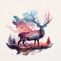 A majestic stag stands amidst a mystical watercolor Generative Ai